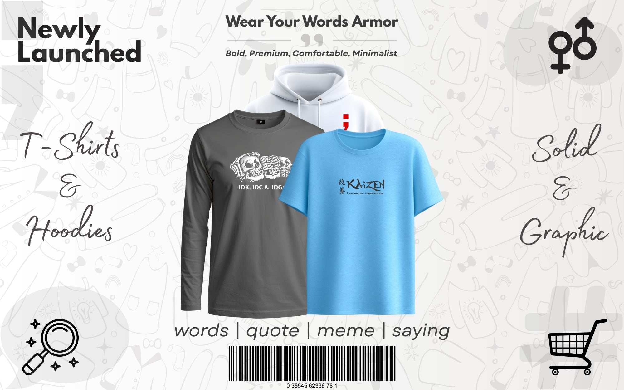 Words Armor newly launched t-shirt and hoodie collection banner showing premium solid and graphic designs for men and women