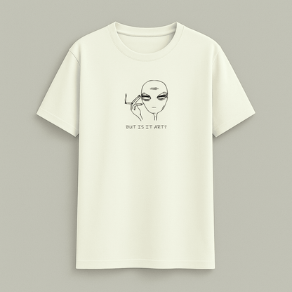Off White t-shirt with alien meme graphic and text 'BUT IS IT ART?' on a gray background wordsarmor