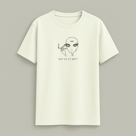 Off White t-shirt with alien meme graphic and text 'BUT IS IT ART?' on a gray background wordsarmor