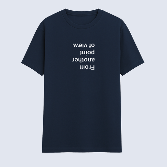 Navy blue t-shirt with white text on a light gray background wordsarmor