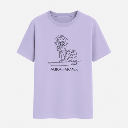Lavender t-shirt with 'Aura Farmer' graphic design on a white background wordsarmor