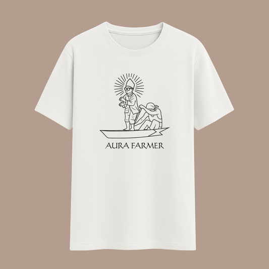 White t-shirt with 'Aura Farmer' logo on a beige background wordsarmor