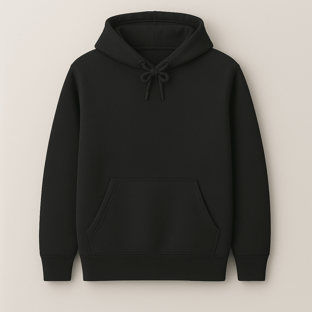 Black solid plain hoodie for men and women – cozy insulated cotton winter wear, soft and warm texture