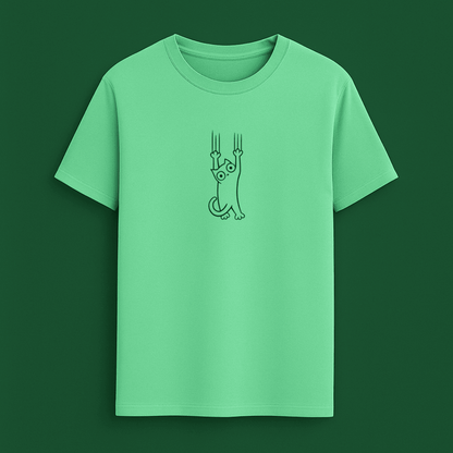 Green t-shirt with a black cat graphic on a green background wordsarmor