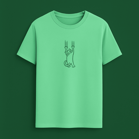 Green t-shirt with a black cat graphic on a green background wordsarmor