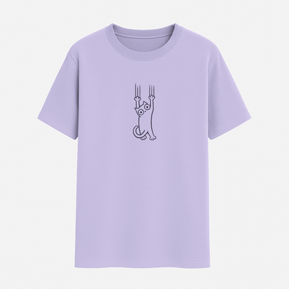 Lavender t-shirt with a small graphic on a light gray background wordsarmor
