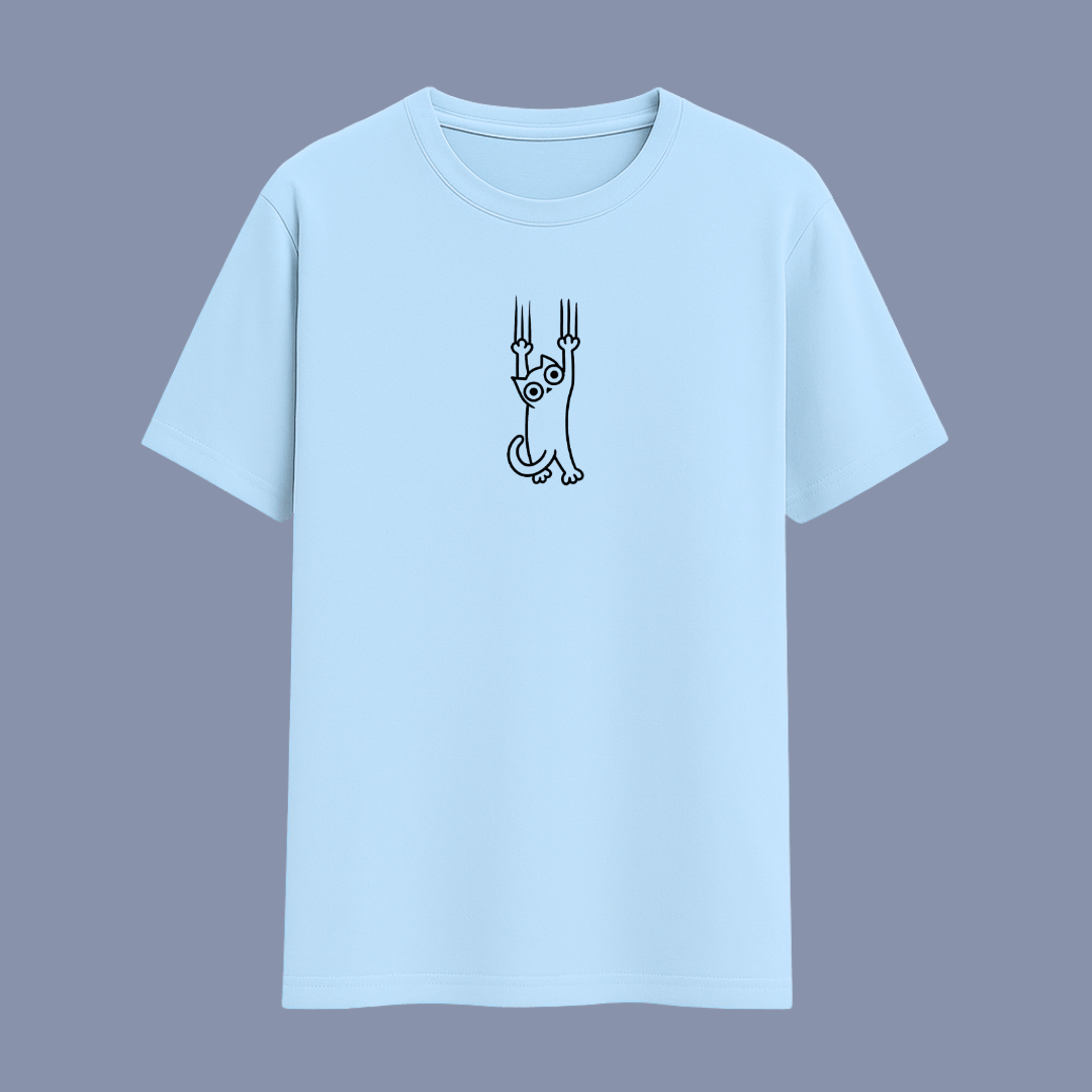 Cataholic Cat Lovers T-Shirt in baby blue shade with adorable minimal cat design printed on the front.