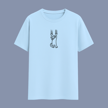 Cataholic Cat Lovers T-Shirt in baby blue shade with adorable minimal cat design printed on the front.