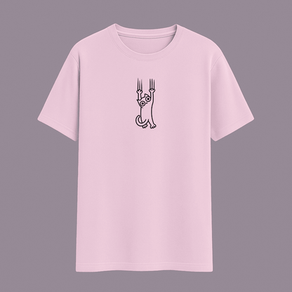 Cataholic Cat Lovers T-Shirt in baby pink colour with small cute cat print symbolizing faith and love.