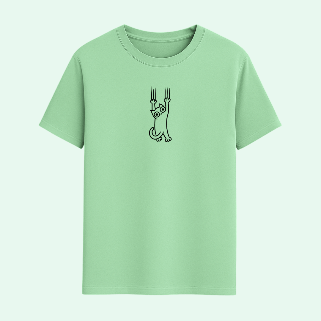 Cataholic Cat Lovers T-Shirt in mint jade green colour with small, minimal cat illustration on chest area.