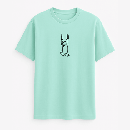 Cataholic Cat Lovers T-Shirt in mint jade green colour with small, minimal cat illustration on chest area.
