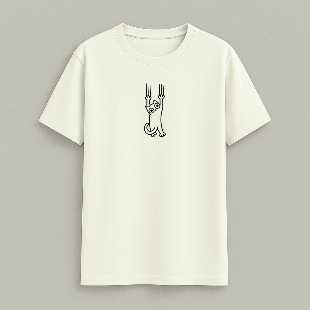 Cataholic Cat Lovers T-Shirt in off white colour featuring a minimal cute cat print for cat lovers.
