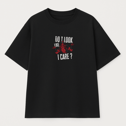 black oversized deadpool sarcasm t shirt with quote “do i look like i care”