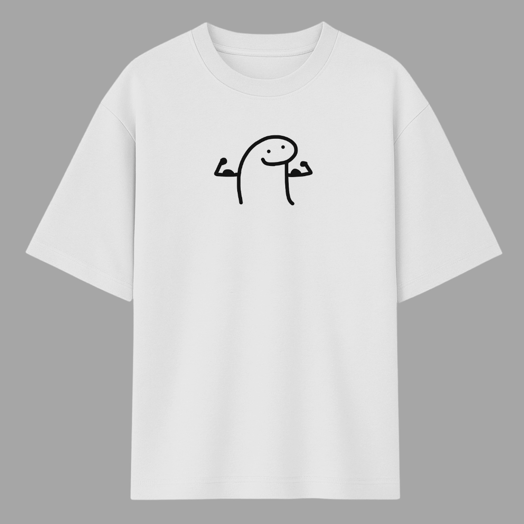 White meme t-shirt with a black stick figure design on a gray background wordsarmor