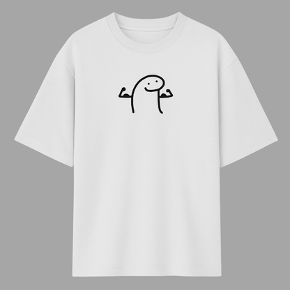 White meme t-shirt with a black stick figure design on a gray background wordsarmor