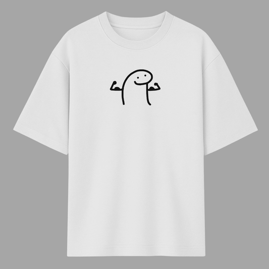 White meme t-shirt with a black stick figure design on a gray background wordsarmor