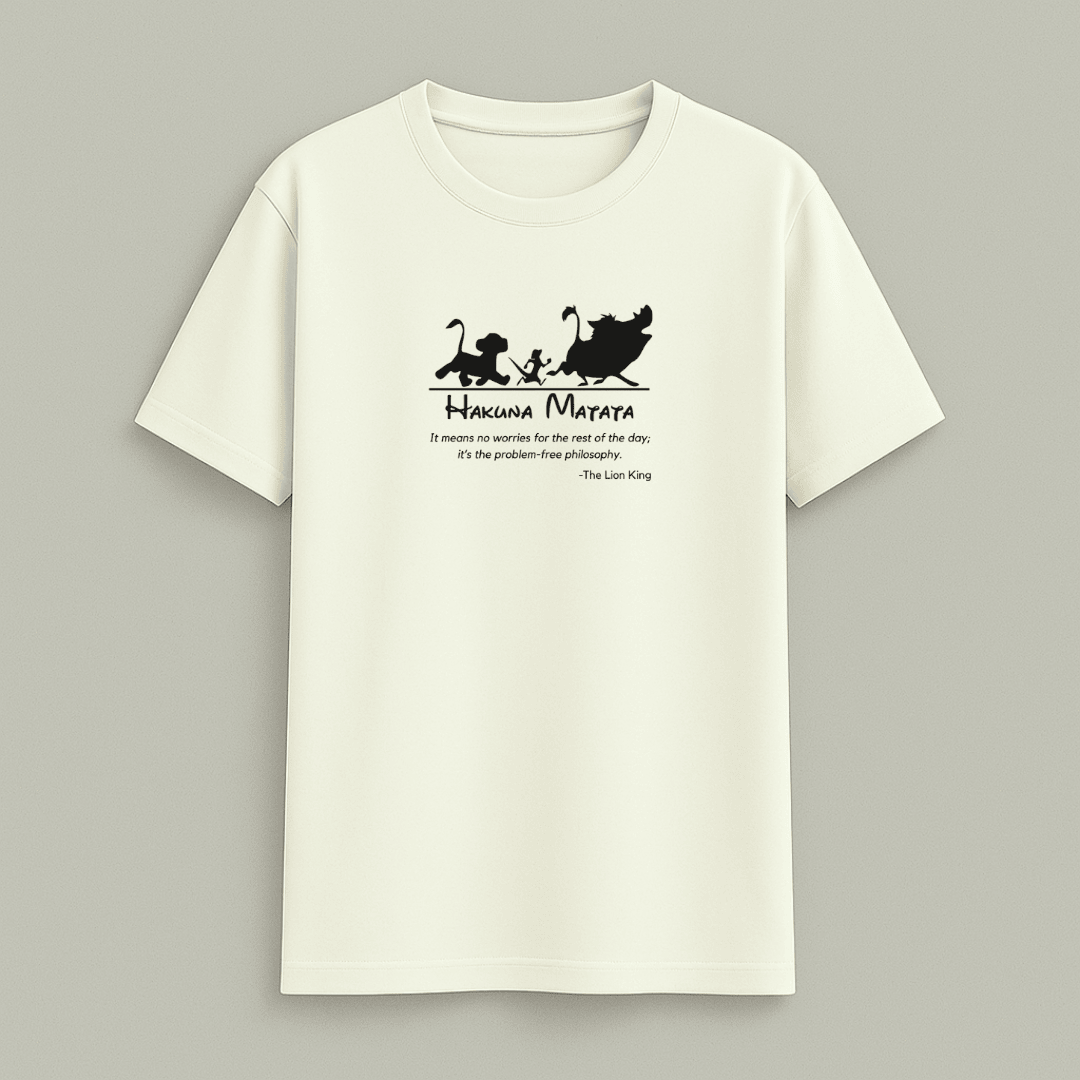 Hakuna Matata Classic Half Sleeve T-Shirt in white and off-white, sizes XS to 5XL, soft breathable cotton for men and women