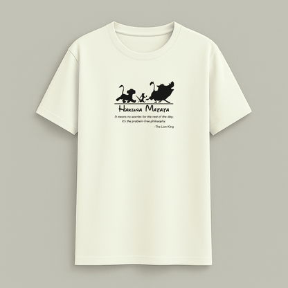 Hakuna Matata Classic Half Sleeve T-Shirt in white and off-white, sizes XS to 5XL, soft breathable cotton for men and women