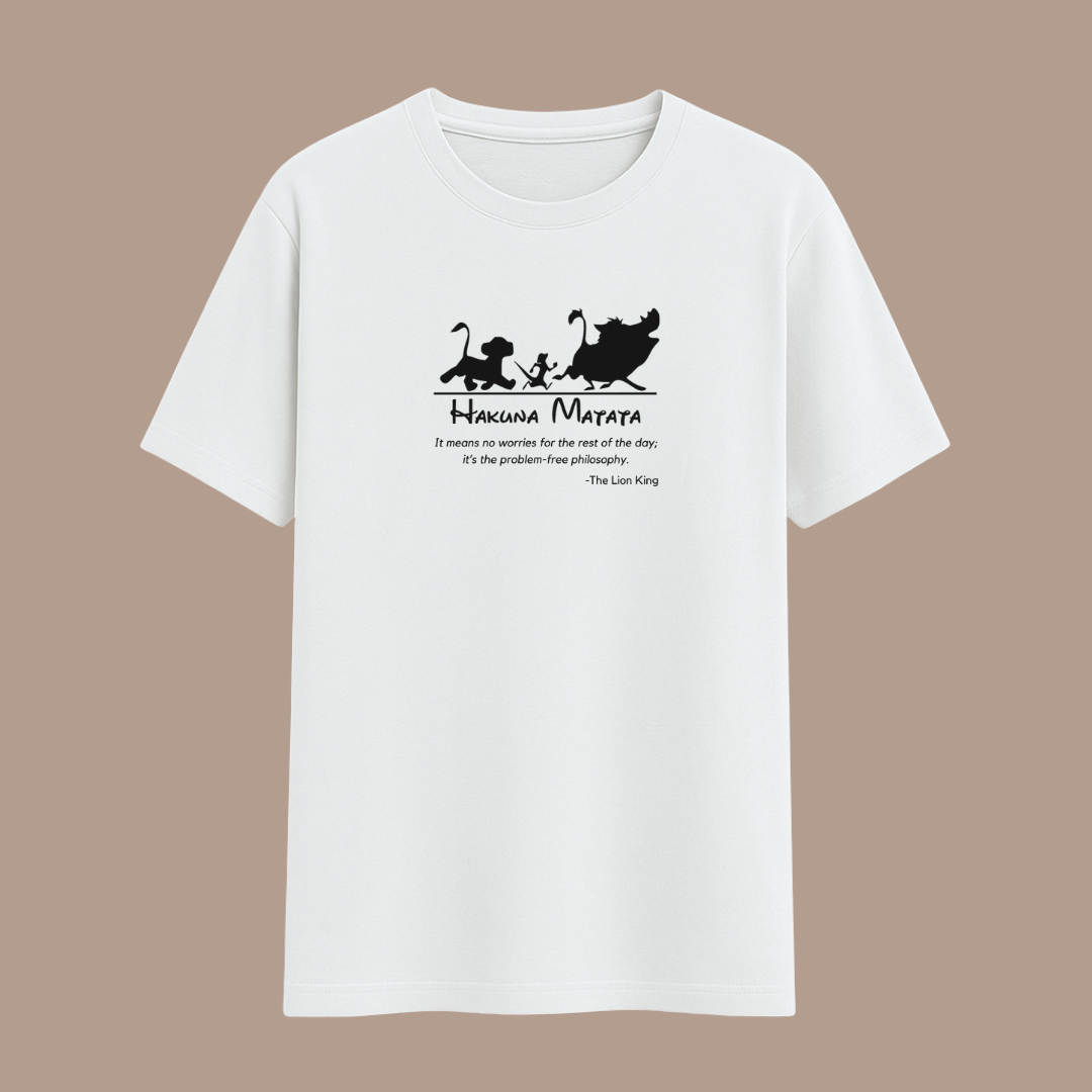 Hakuna Matata Classic Half Sleeve T-Shirt in white and off-white, sizes XS to 5XL, soft breathable cotton for men and women