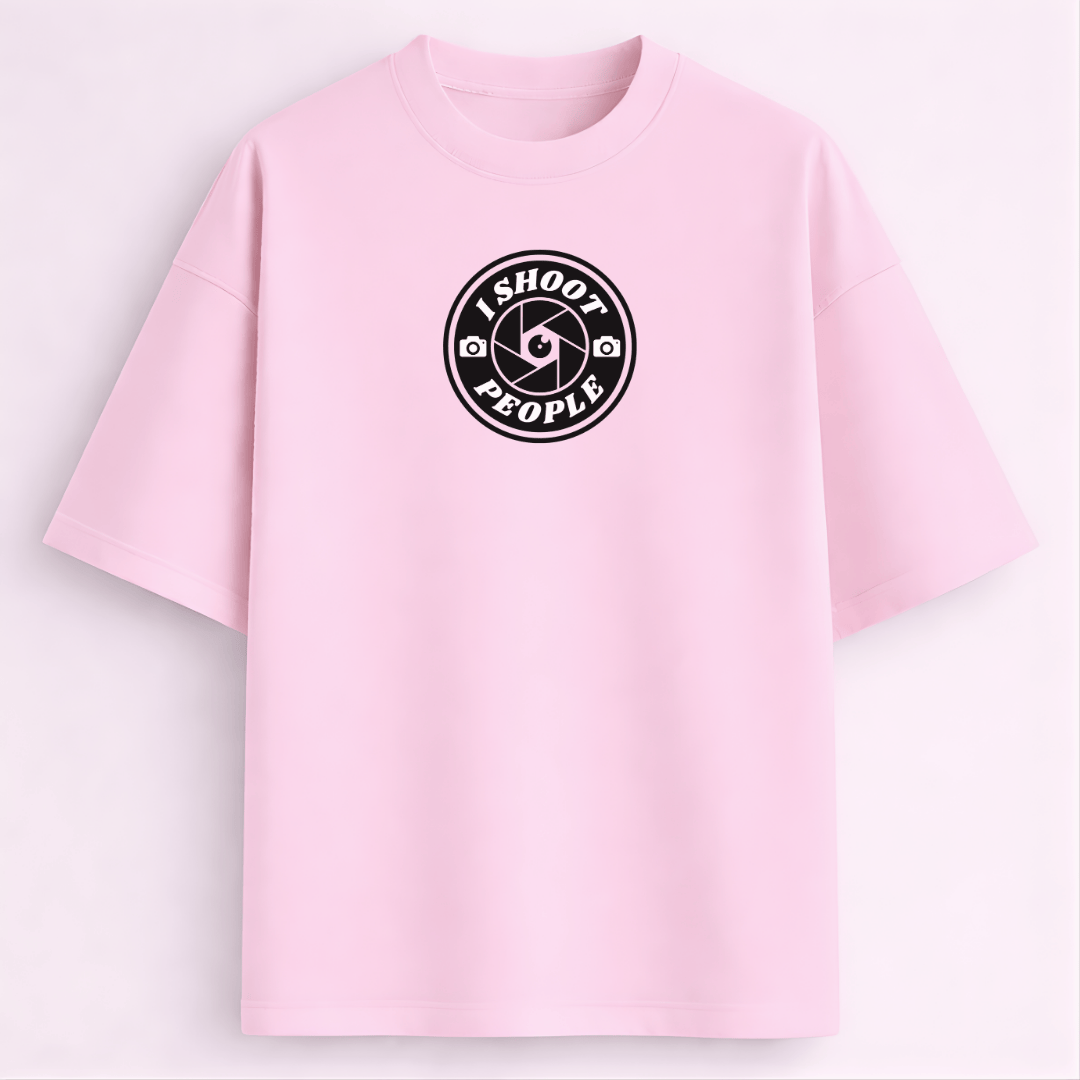 I Shoot People photographer meme oversized drop shoulder T-shirt baby pink 260 GSM Words Armor