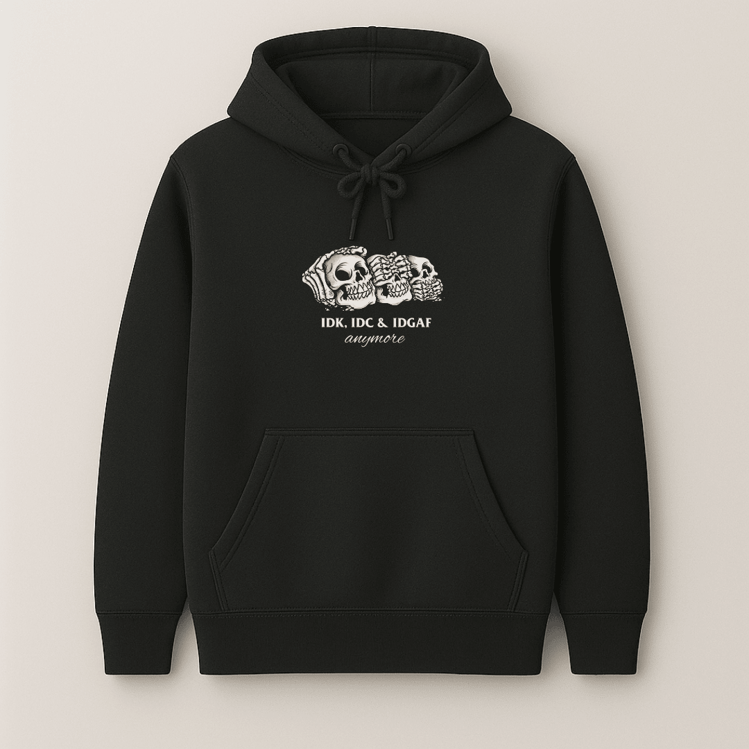 Black IDK IDC IDGAF graphic printed hoodie for men and women by Words Armor