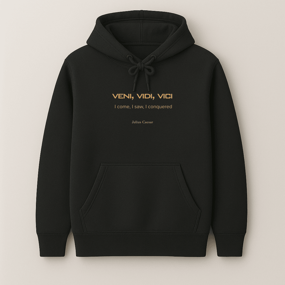 Julius Caesar quote I Came I Saw I Conquered graphic black hoodie for men and women by Words Armor – front and back view