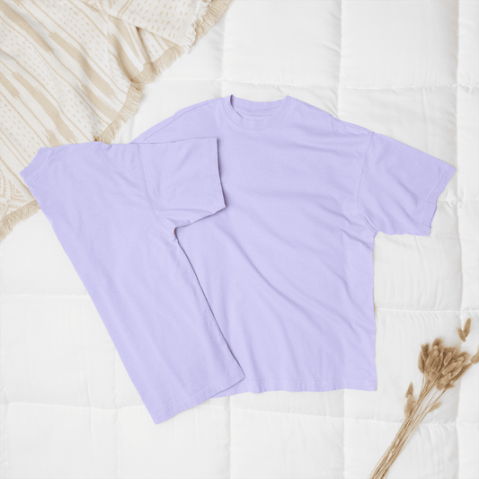 Plain lavender oversized unisex t-shirt front and back view – premium cotton solid tshirt by Words Armor