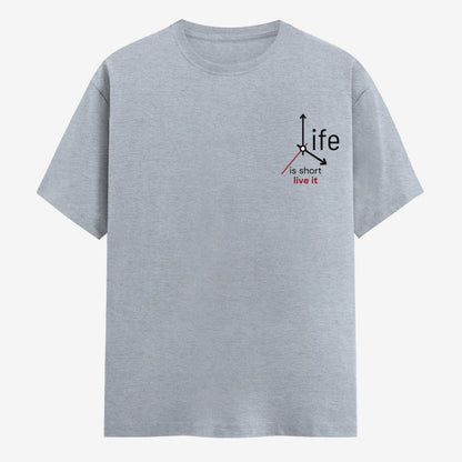 Words Armor Life Is Short graphic half sleeve t-shirt for men and women quote tshirt available in black white off white and grey melange