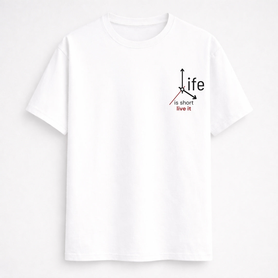 Words Armor Life Is Short graphic half sleeve t-shirt for men and women quote tshirt available in black white off white and grey melange