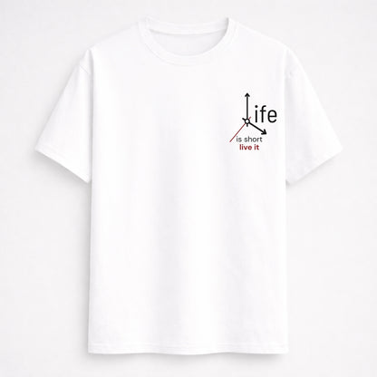 Words Armor Life Is Short graphic half sleeve t-shirt for men and women quote tshirt available in black white off white and grey melange