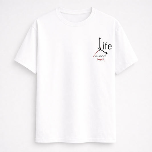 Words Armor Life Is Short graphic half sleeve t-shirt for men and women quote tshirt available in black white off white and grey melange