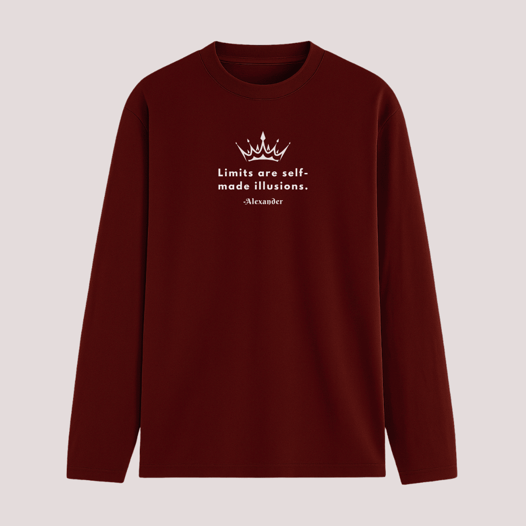 Limits are self-made illusions quote full sleeve t-shirt in maroon – Words Armor