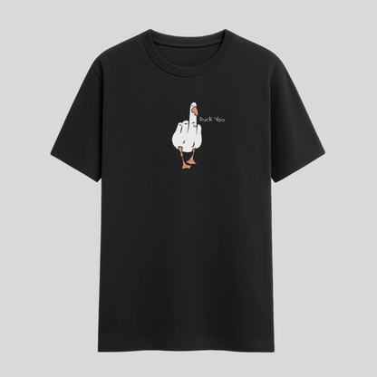 Black t-shirt with a graphic of a duck giving the middle finger on a gray background wordsarmor