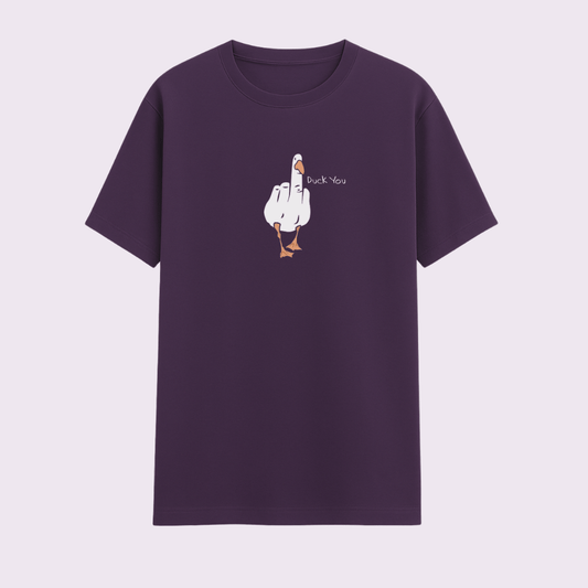 Purple t-shirt with a graphic of a duck saying 'duck you' on a light purple background wordsarmor
