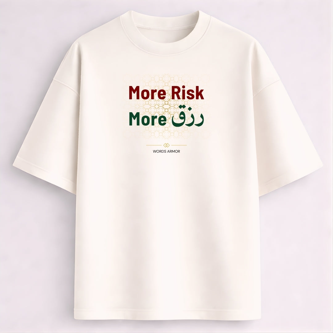 More Risk More Rizq quote oversized off white t-shirt for men and women by Words Armor