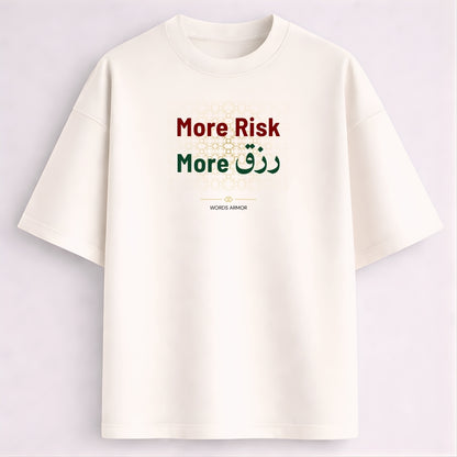 More Risk More Rizq quote oversized off white t-shirt for men and women by Words Armor
