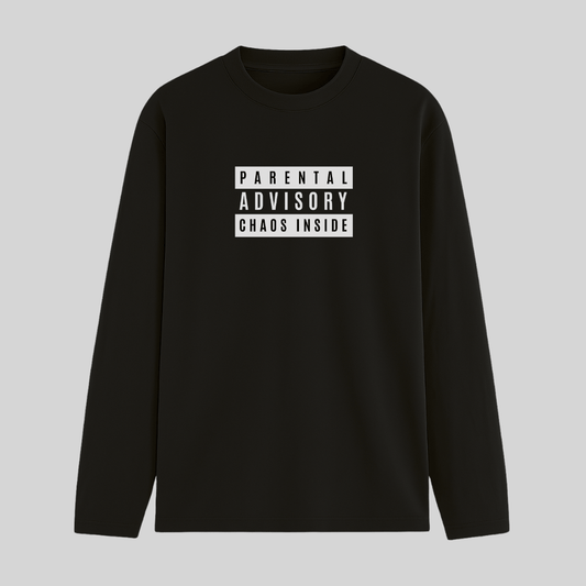 Black long-sleeve shirt with 'Parental Advisory Chaos Inside' text on a gray background wordsarmor