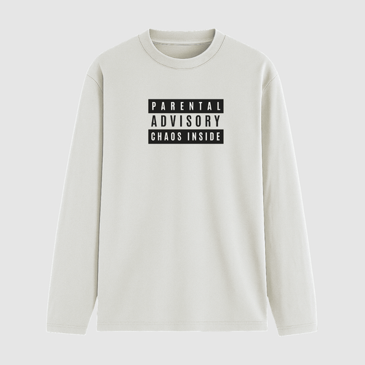 White sweatshirt with 'Parental Advisory Chaos Inside' text on a white background wordsarmor