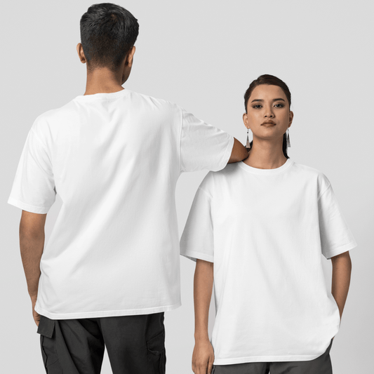 Plain white oversized T-shirt worn by male and female models – Unisex premium cotton tee by Words Armor