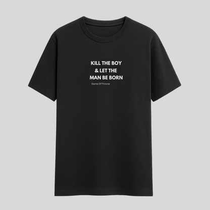 Black t-shirt with white text on a gray background
