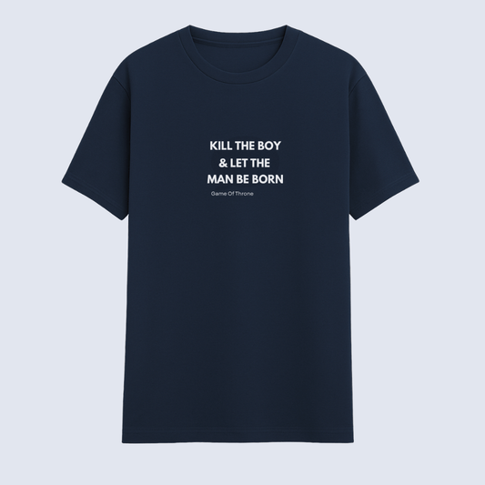 Navy blue t-shirt with white text on a light gray background