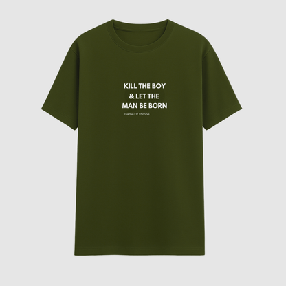 Green t-shirt with white text on a light gray background
