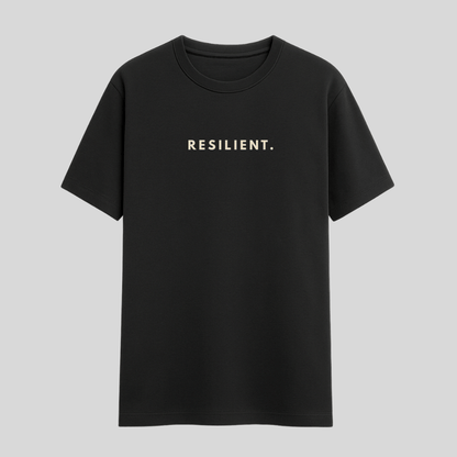 Black t-shirt with 'RESILIENT.' text on a light gray background wordsarmor