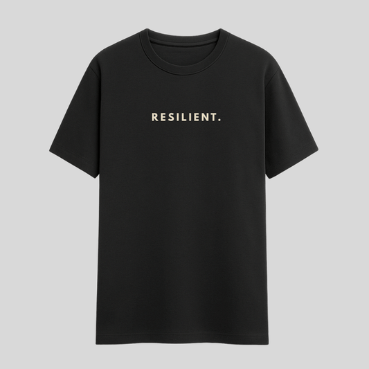 Black t-shirt with 'RESILIENT.' text on a light gray background wordsarmor