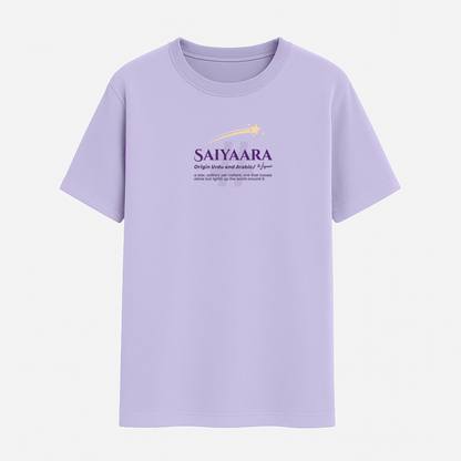 Lavender t-shirt with 'SAIYAARA' text and logo on a white background wordsarmor