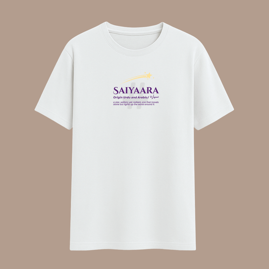 White t-shirt with 'SAIYAARA' word on a beige background wordsarmor