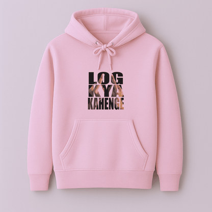 Sarcasm graphic printed winterwear hoodie inspired by log kya kahenge in lavender baby pink and mint by Words Armor