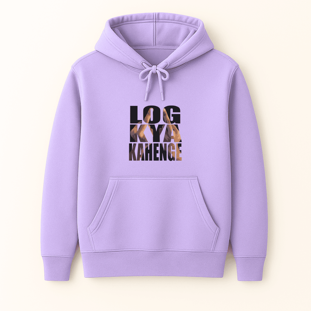Sarcasm graphic printed winterwear hoodie inspired by log kya kahenge in lavender baby pink and mint by Words Armor