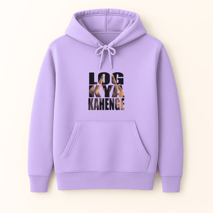 Sarcasm graphic printed winterwear hoodie inspired by log kya kahenge in lavender baby pink and mint by Words Armor