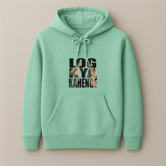 Sarcasm graphic printed winterwear hoodie inspired by log kya kahenge in lavender baby pink and mint by Words Armor